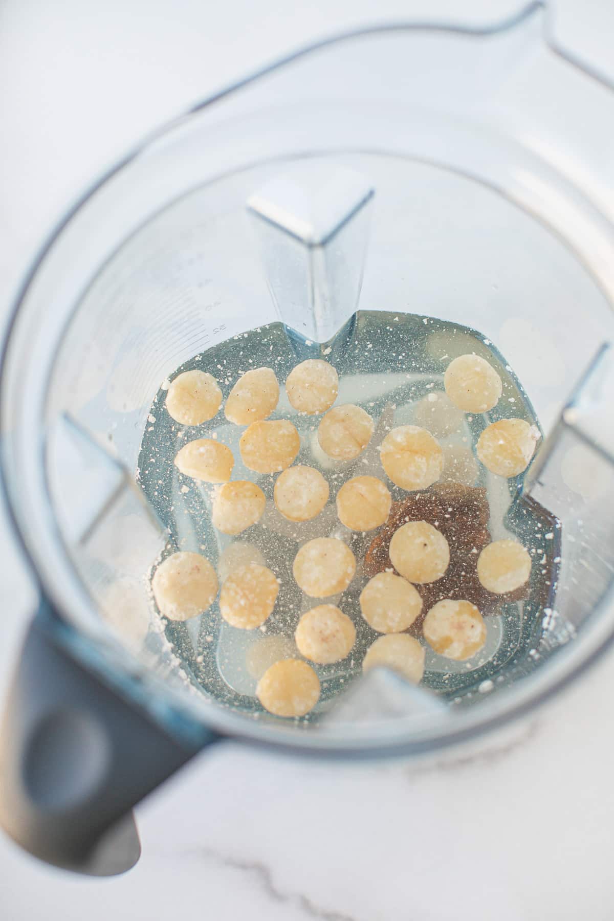 macadamia nuts and water in the pitcher of a vitamix.