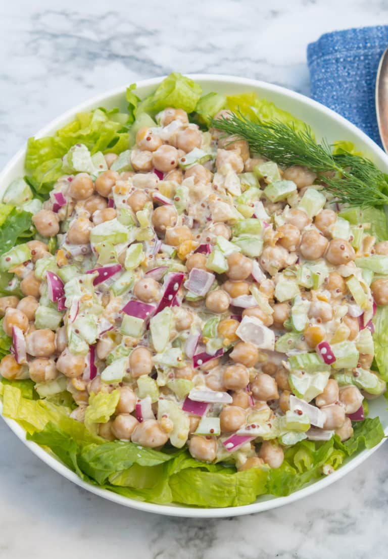 Vegan Tuna Salad in a big salad bowl with lettuce