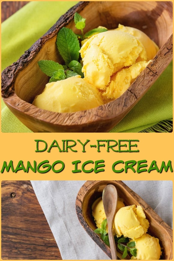 Dairy-free Mango Ice Cream that only has 4 ingredients. You can blend and freeze this recipe, no ice cream maker required. Vegan and paleo.
