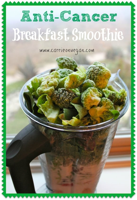 Anti-Cancer Breakfast Smoothie using all kinds of amazing superfood ingredients, including frozen broccoli florets. Cancer fighting smoothie, green smoothie recipes, vegan smoothie, paleo smoothie