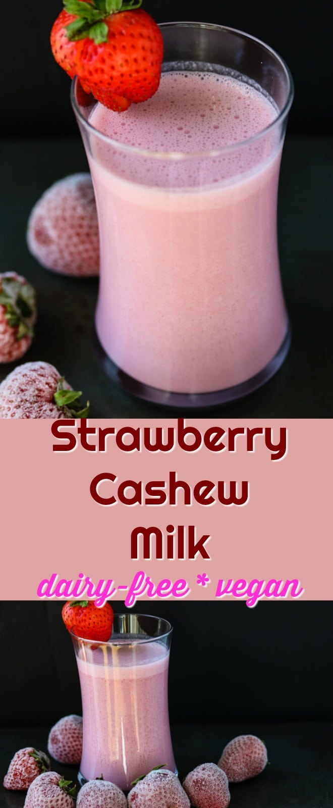 Strawberry Cashew Milk recipe for dairy-free and vegan folks. Cashew milk, easy recipe, blender recipe, vegan milk, paleo milk, strawberry smoothie, healthy recipe.
