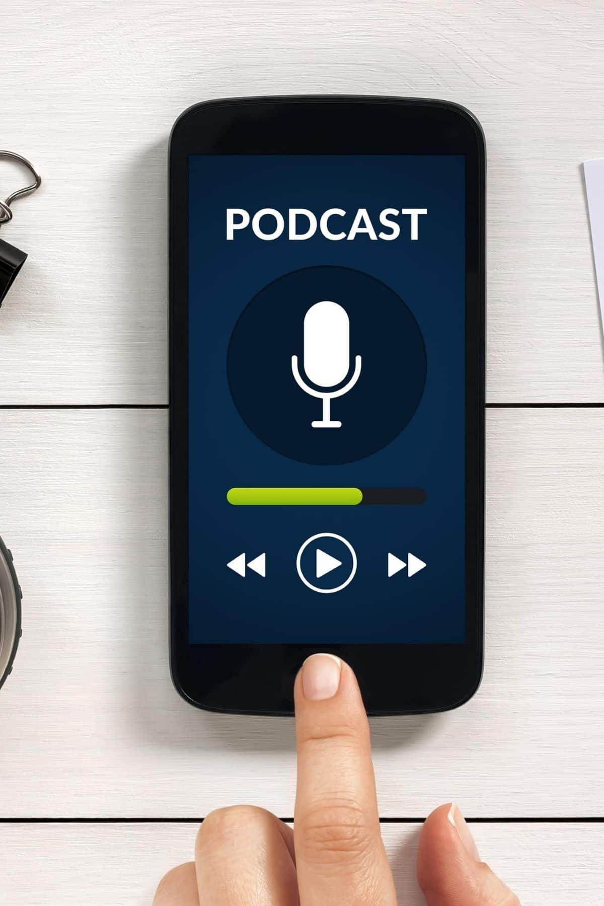 iPhone with a graphic of a podcast.