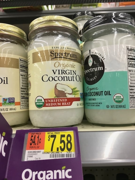 coconut oil on a shelf at Walmart.