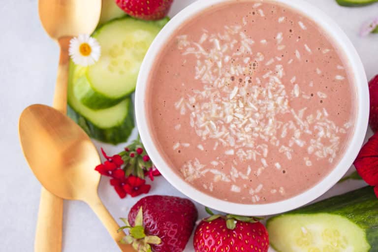 bowl of strawberry cucumber soup