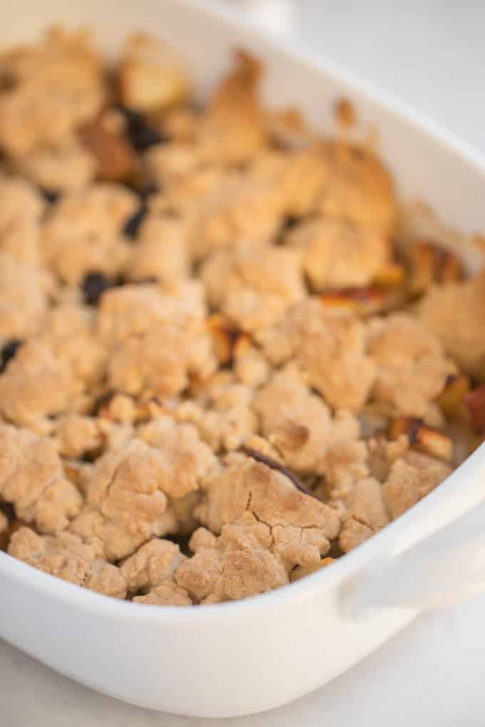 cobbler in a white baking dish