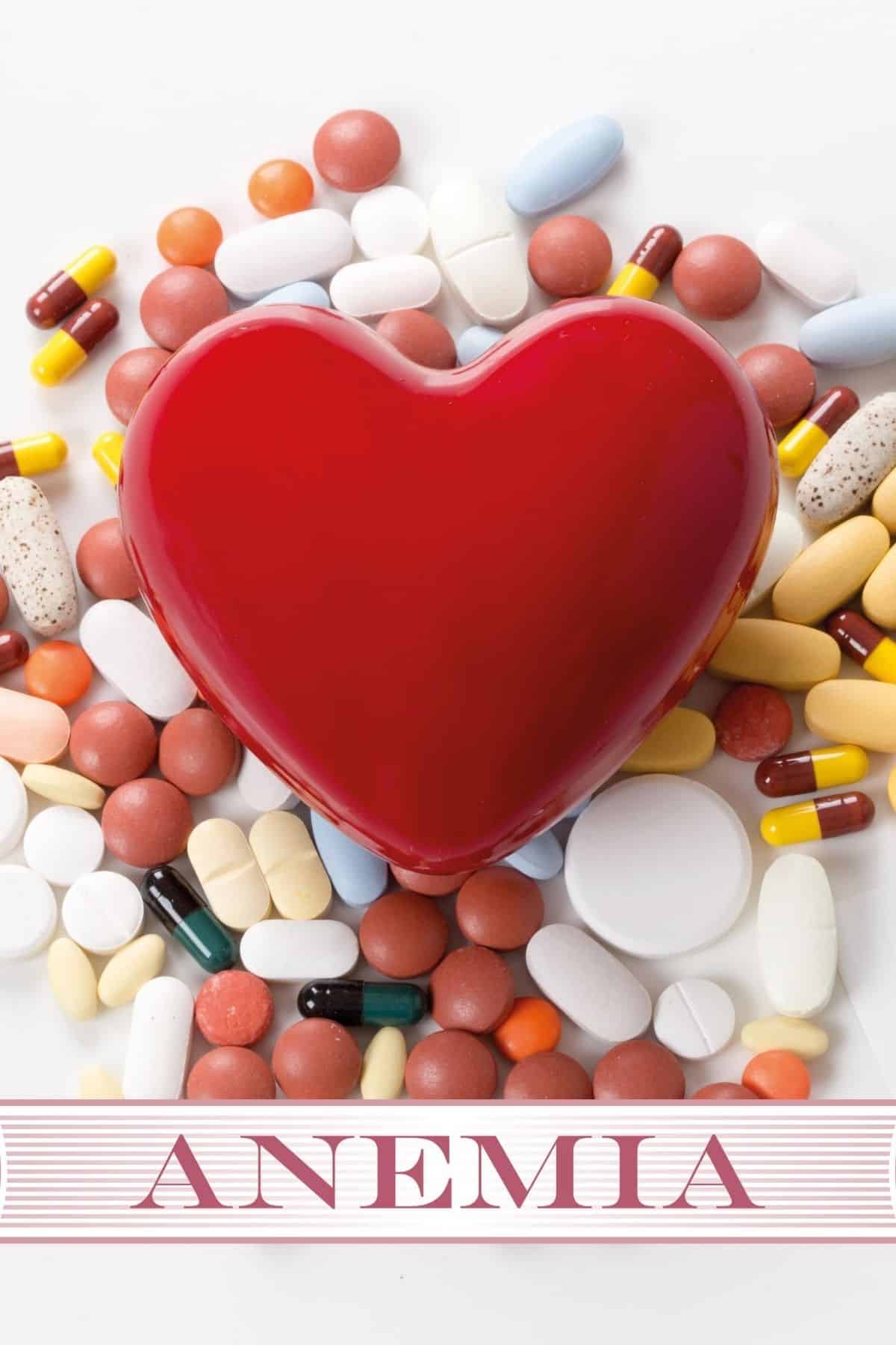 anemia graphic with a red heart and pills.