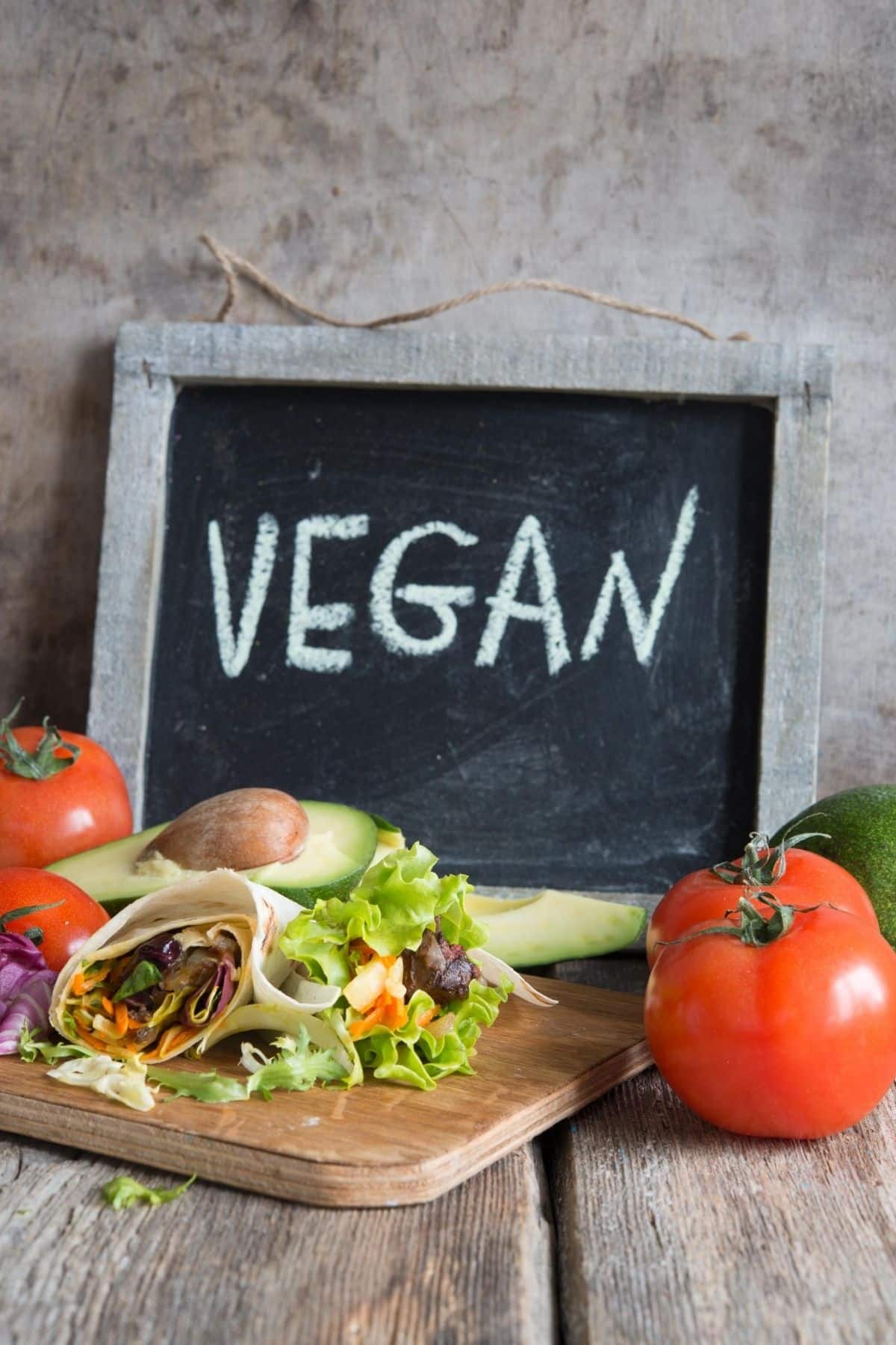 healthy food with a blackboard and a vegan sign.