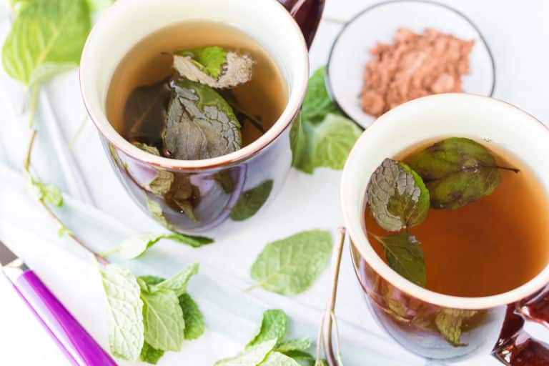 mugs filled with chocolate mint tea ready to drink