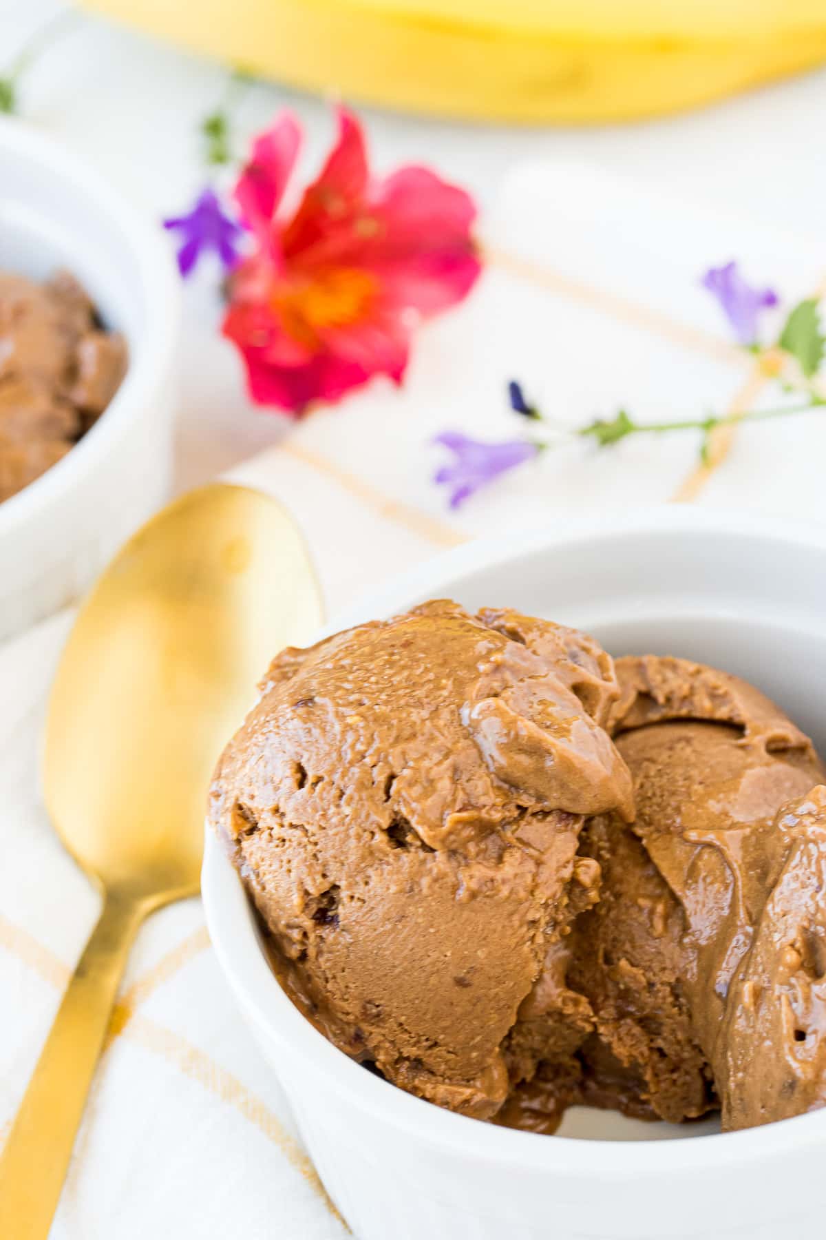 bowl of chocolate soft serve ice cream with a gold spoon