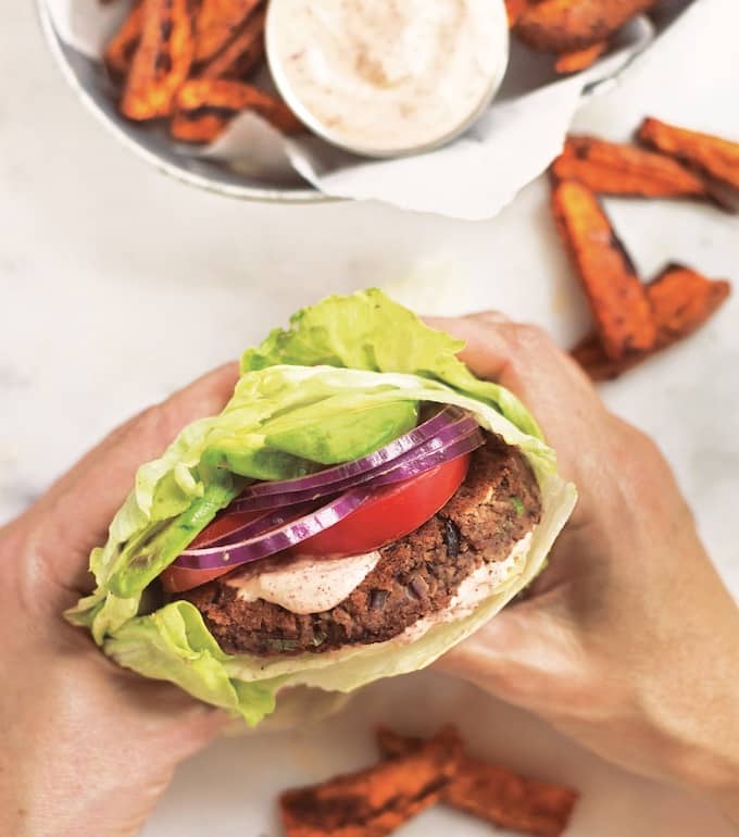 Black bean burgers with baked chili sweet potato fries