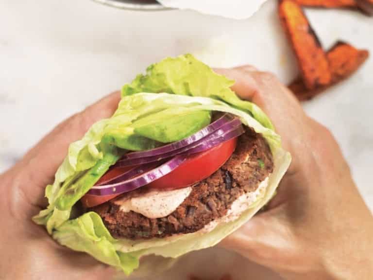 black bean burgers with fries.