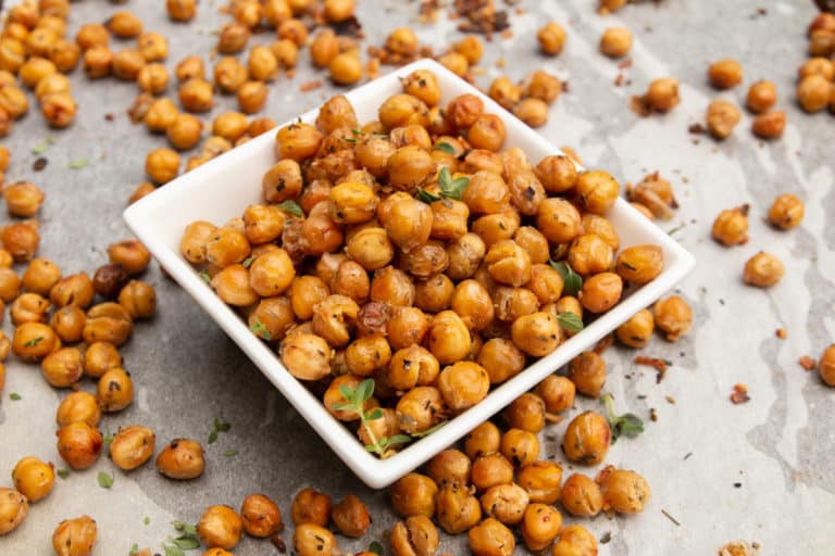 roasted chickpeas in a white bowl