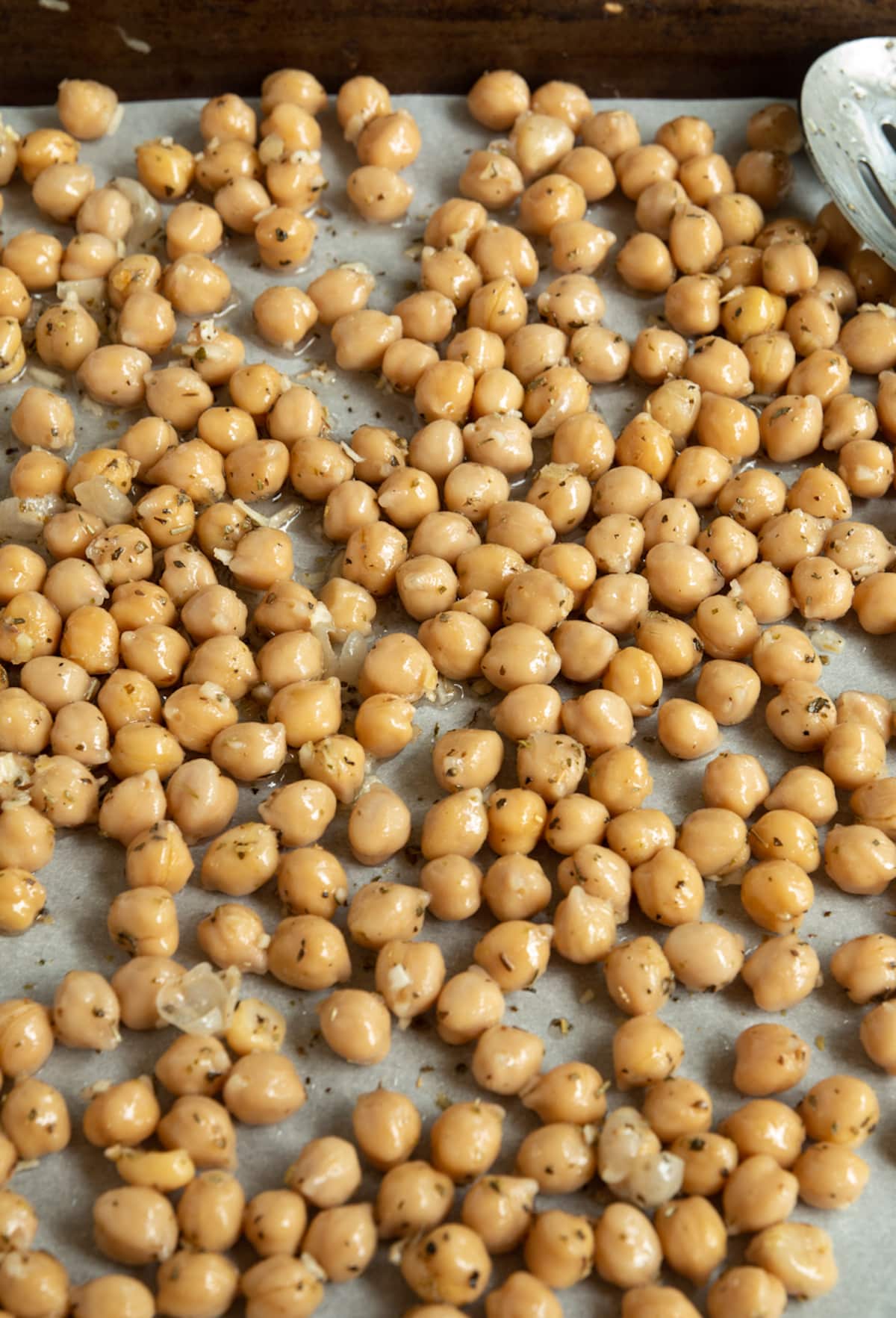 roasted chickpeas on a baking sheet