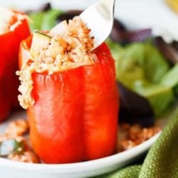 stuffed peppers with a fork ready to eat