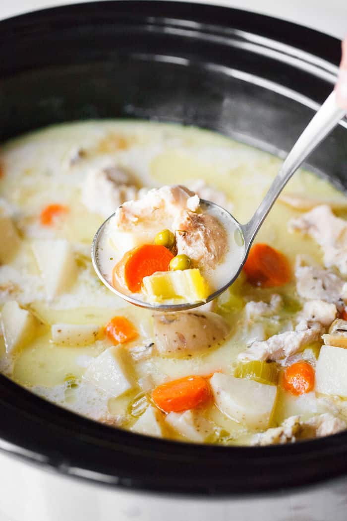 Creamy dairy-free chicken stew made in a crock pot.