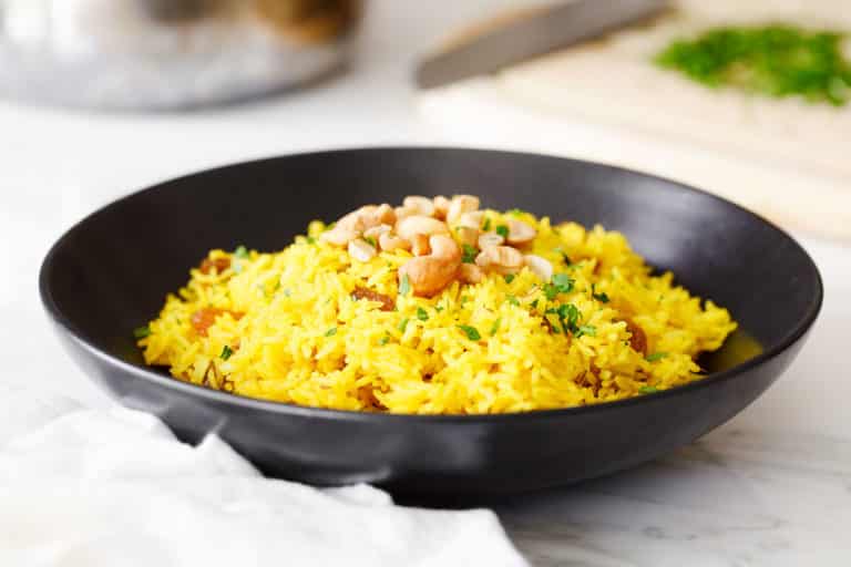 indian yellow rice in bowl