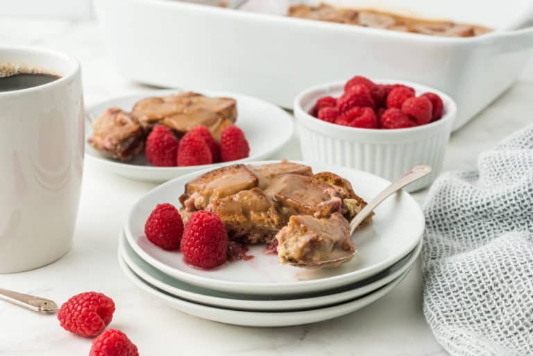 raspberry bread pudding on plates