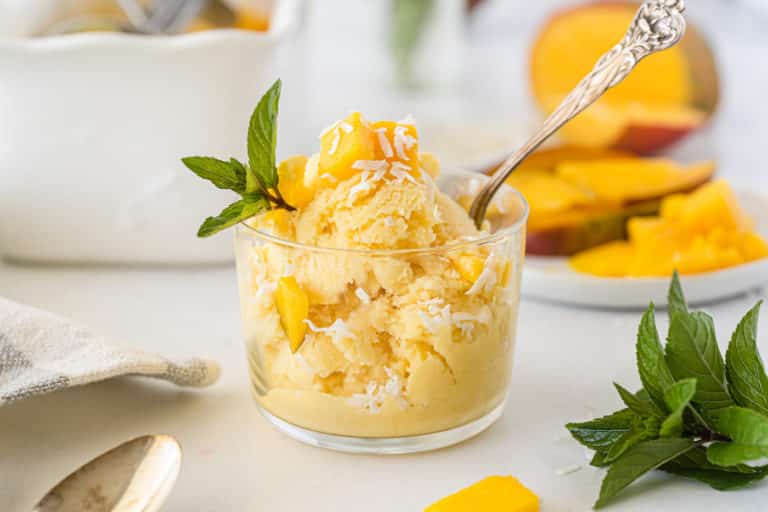 vegan mango ice cream in bowl.