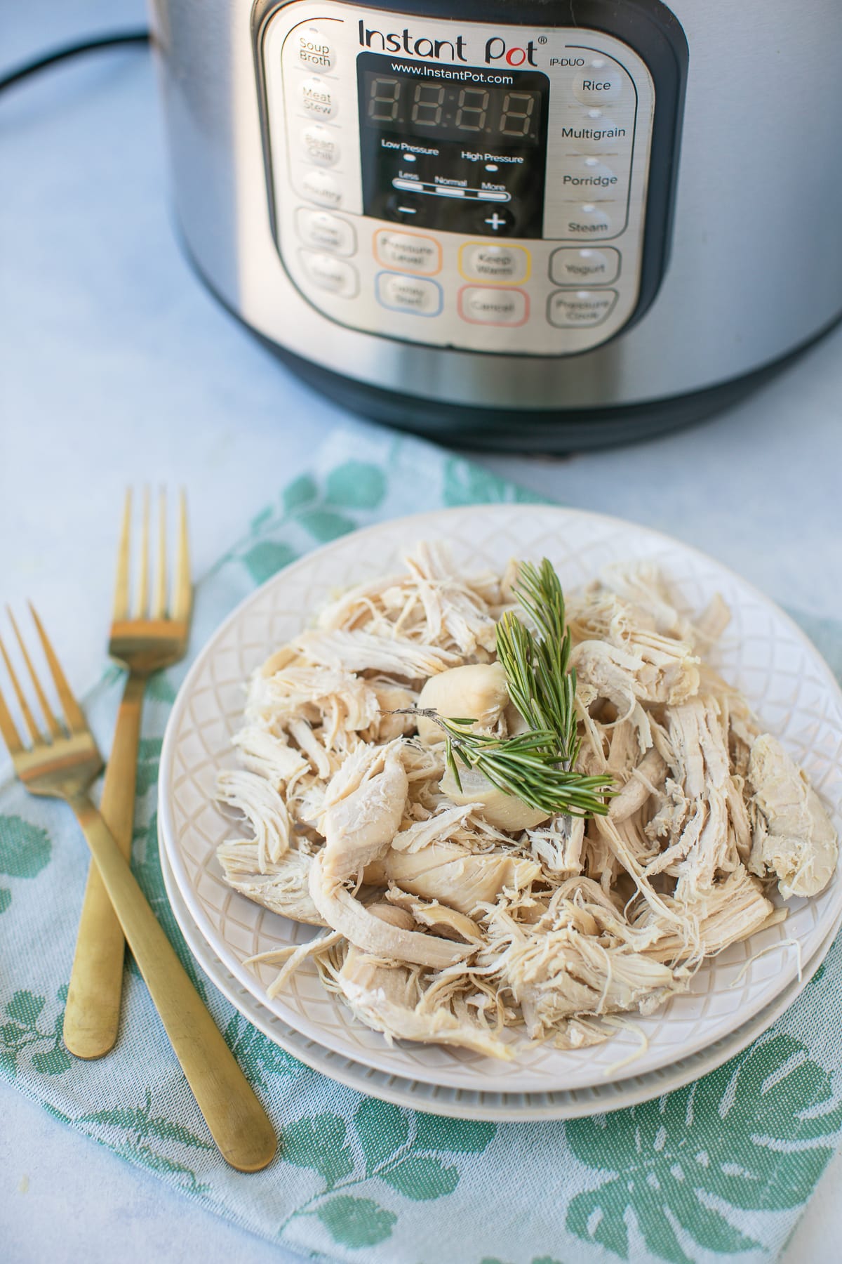 shredded chicken on a plate with the Instant Pot in the background