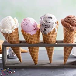 variety of ice cream cones in a serving rack