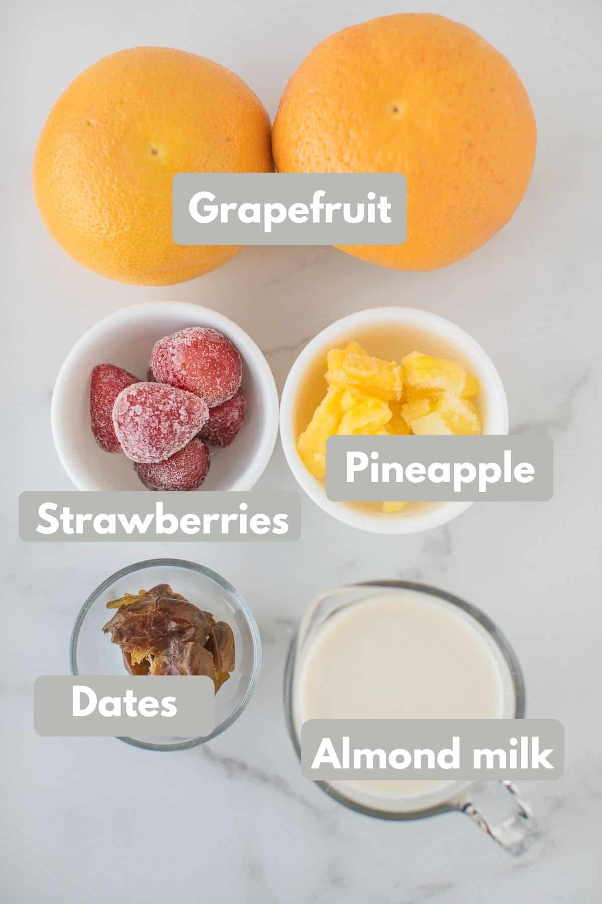 image of ingredients for grapefruit smoothie with labels