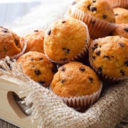 chocolate chip muffins in a basket ready to be eaten