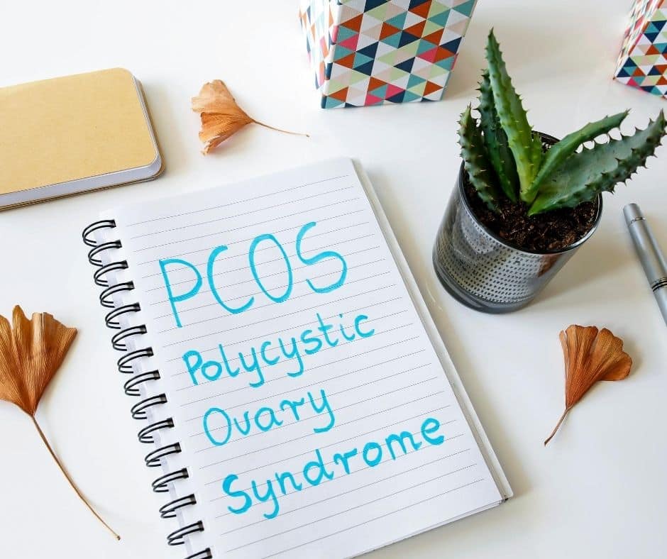 notebook with PCOS written in blue letters