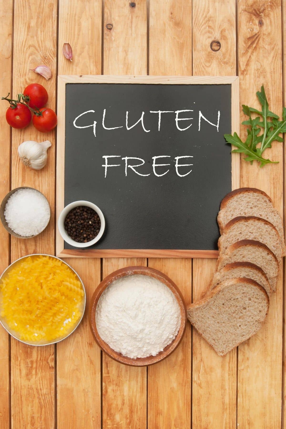 blackboard on a table with gluten free written on it.