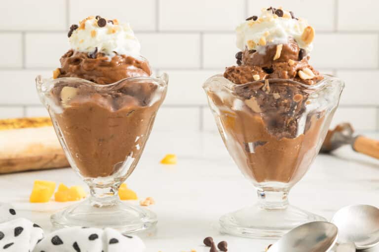 sundae glasses with Chocolate Peanut Butter Banana Ice Cream.