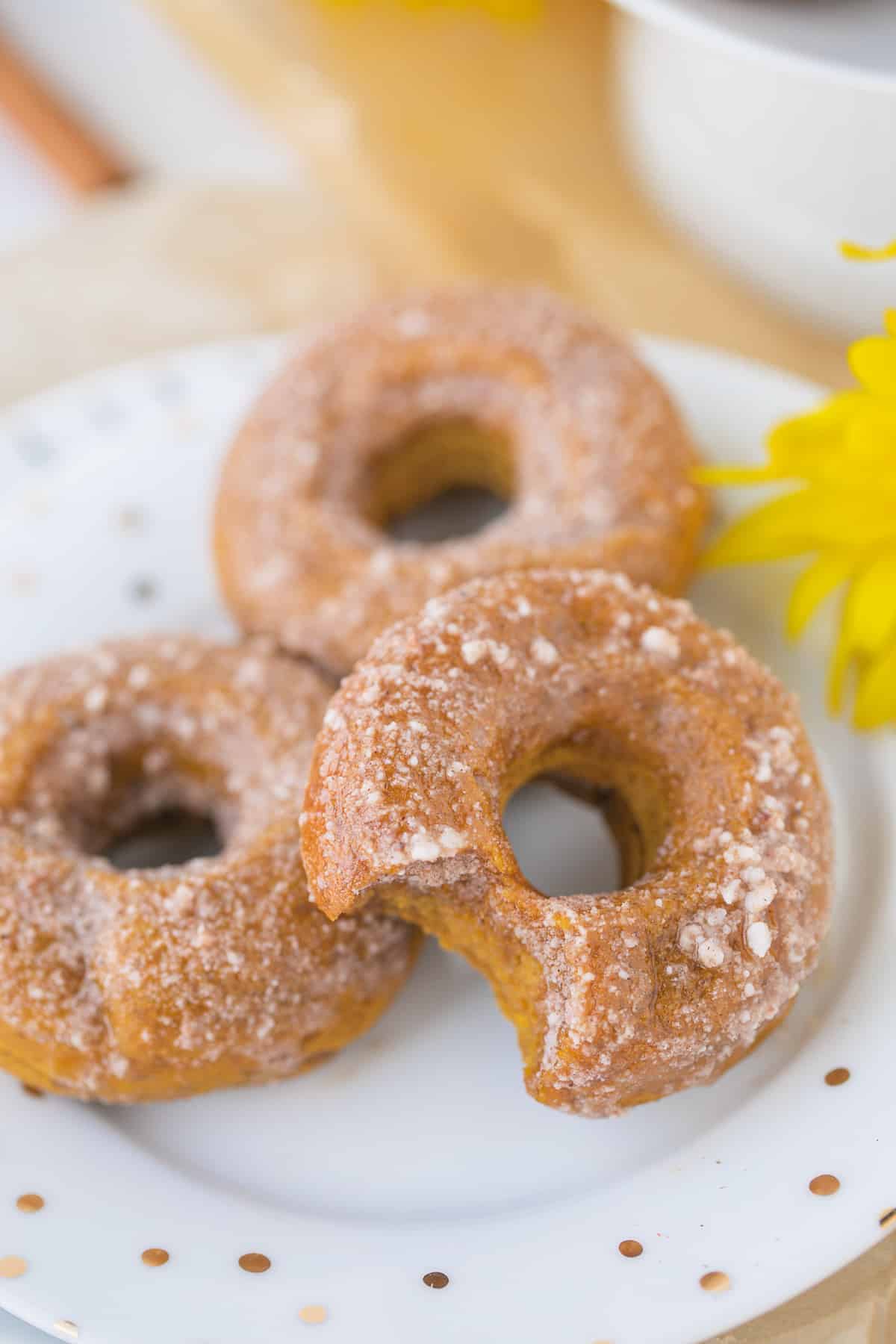 three pumpkin spice donuts on a plate with a bite taken out of one