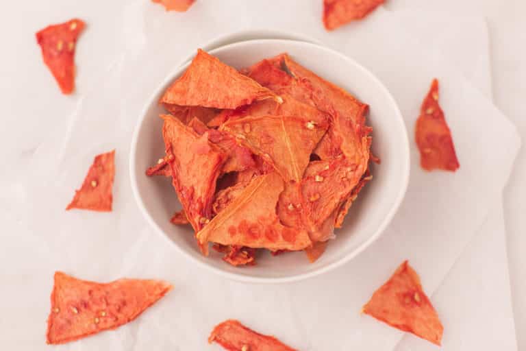 dehydrated watermelon jerky in a bowl.