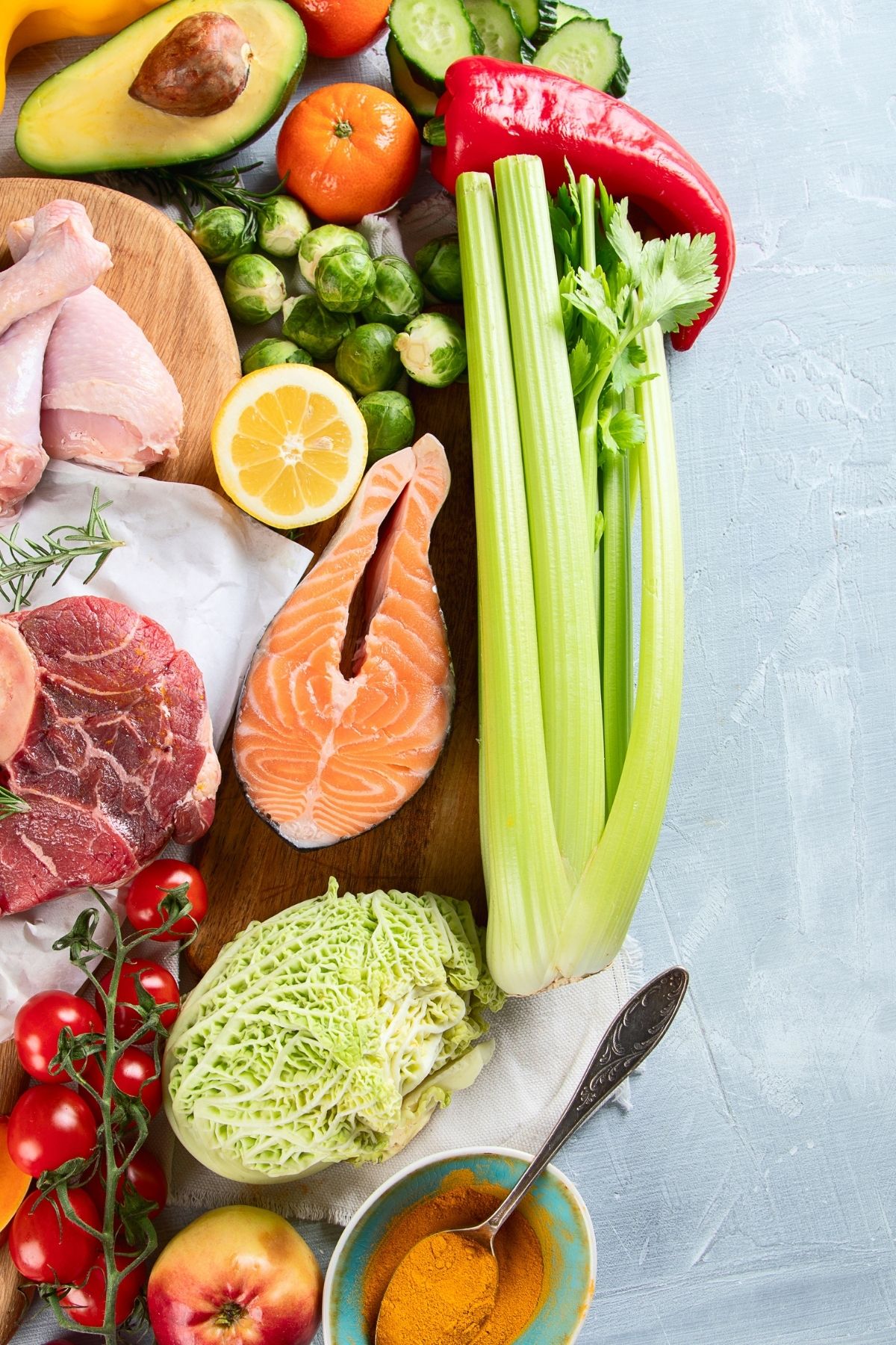 selection of healthy foods on a countertop ready to be prepped.