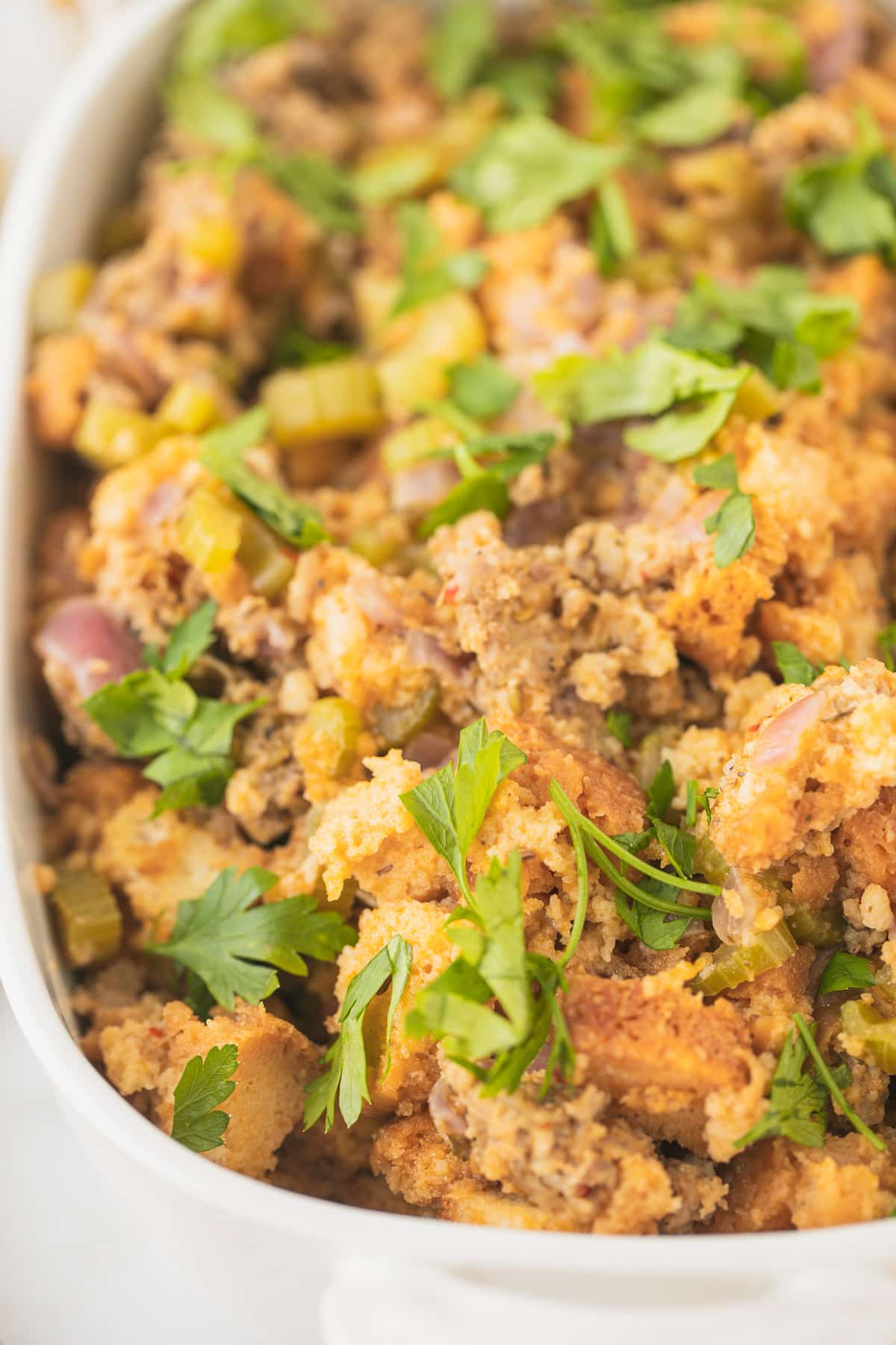 up close picture of instant pot cooked stuffing.