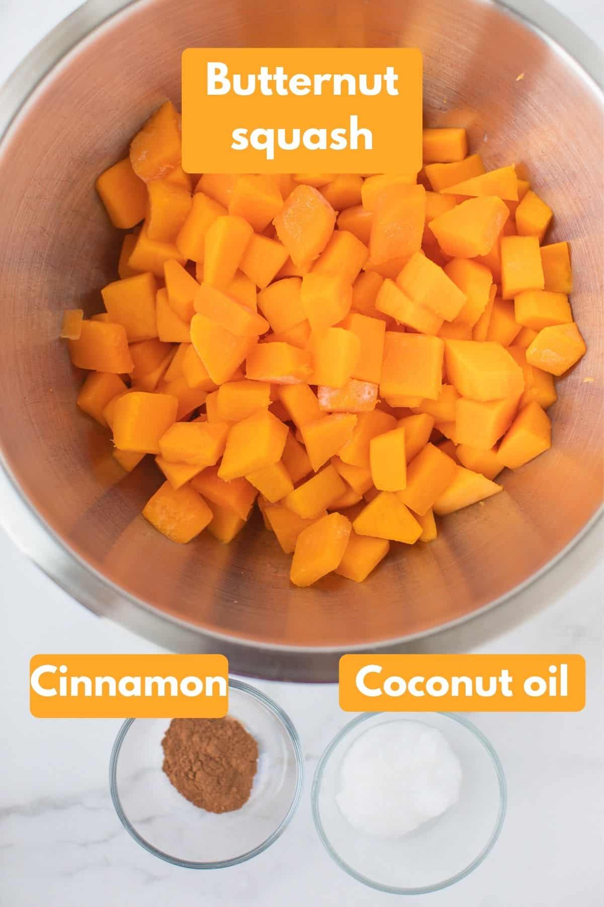 labeled photo with ingredients for air fryer butternut squash