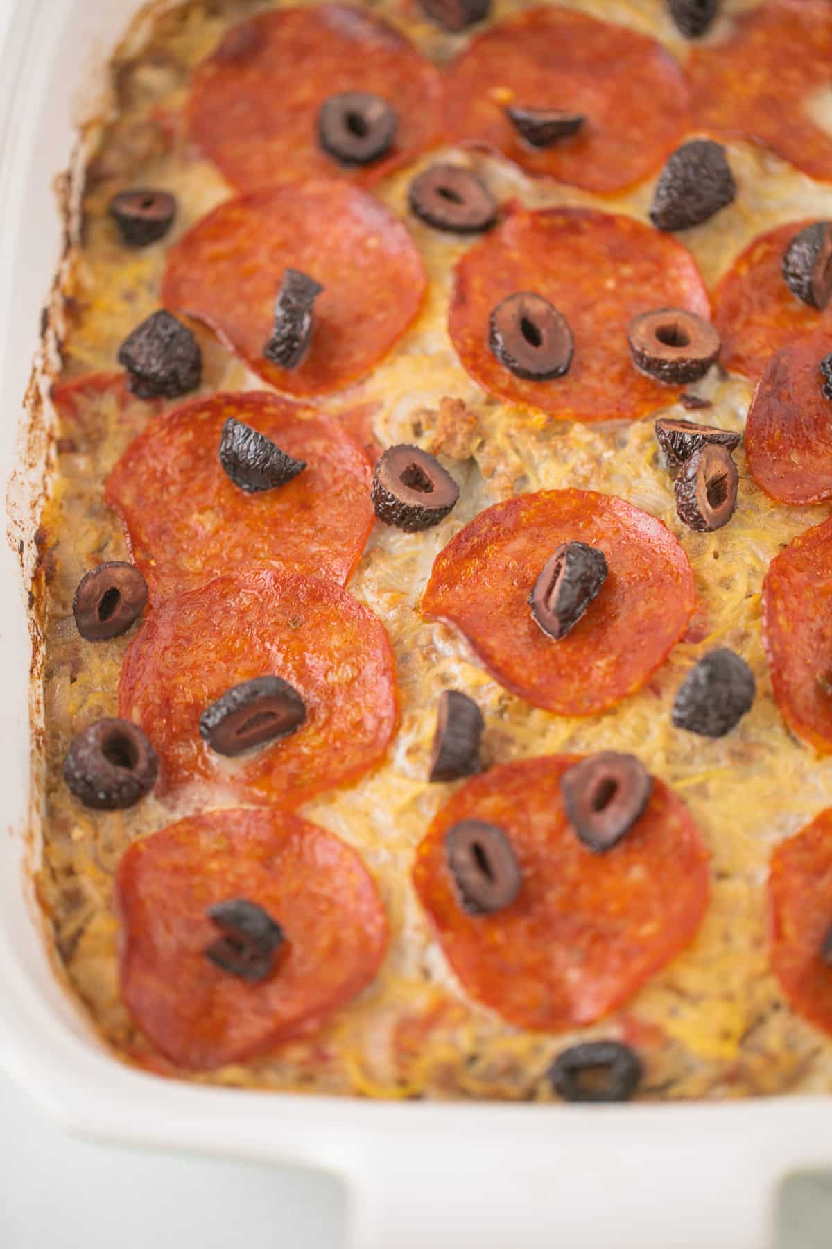 up close picture of spaghetti squash pizza casserole