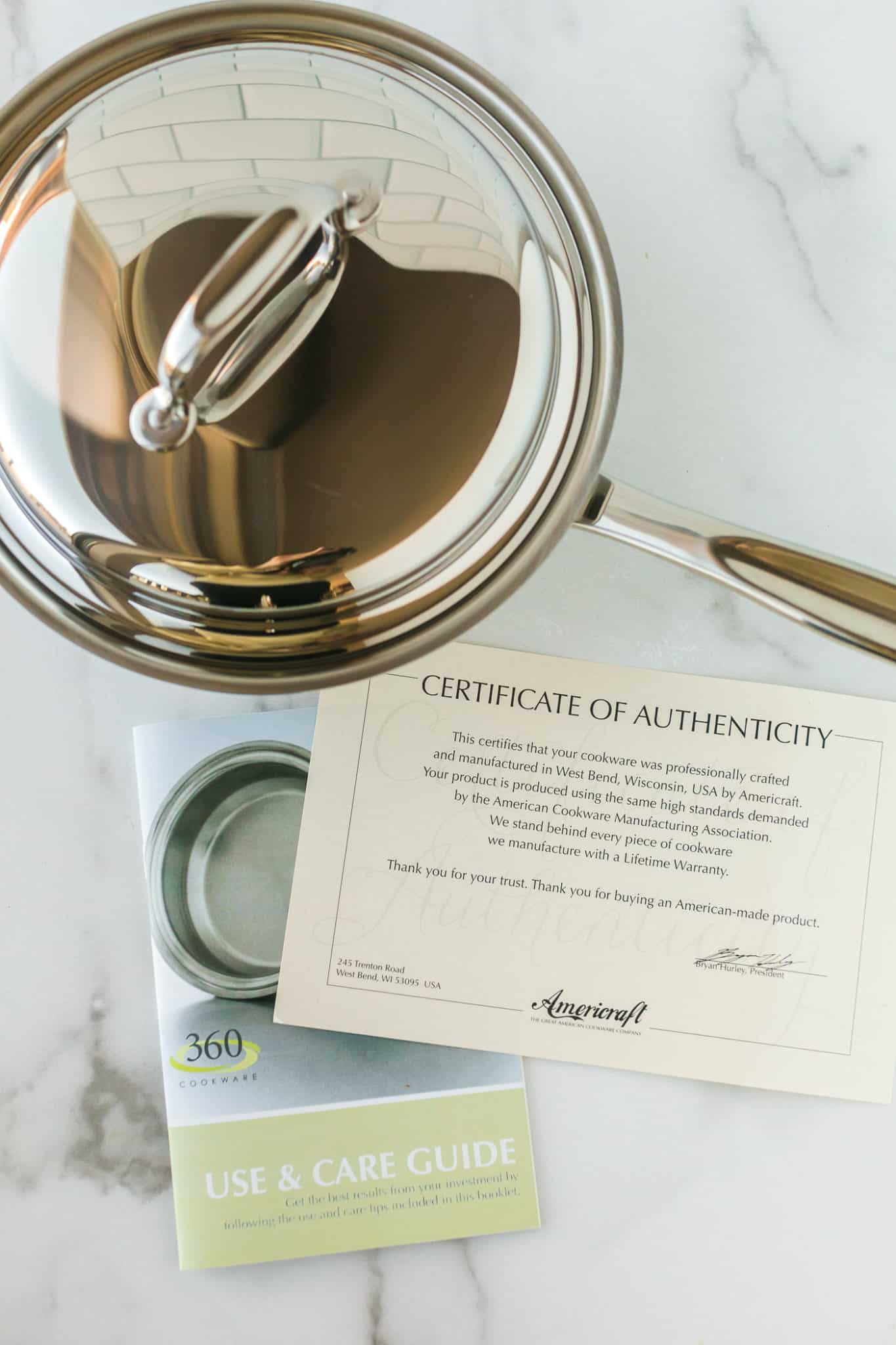 stainless steel pot with certificate of authenticity from 360 Cookware.