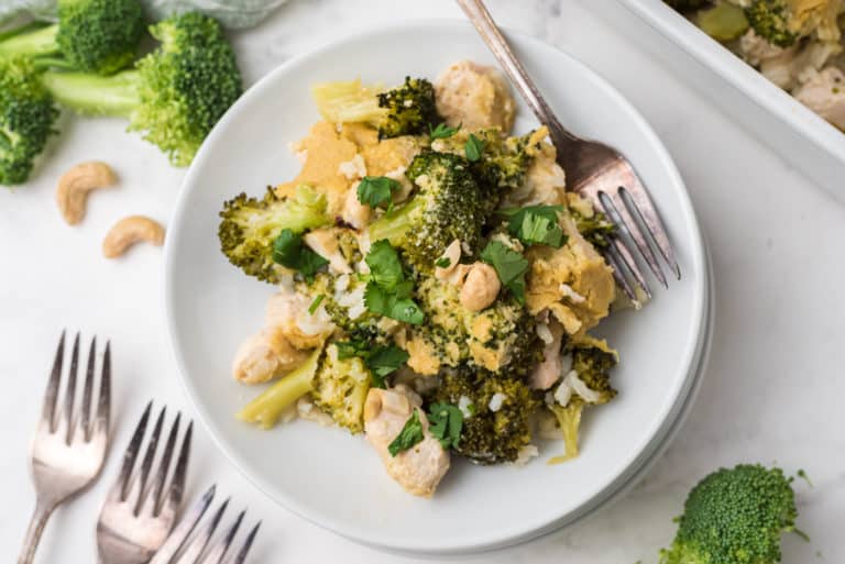 chicken rice broccoli casserole on white plate