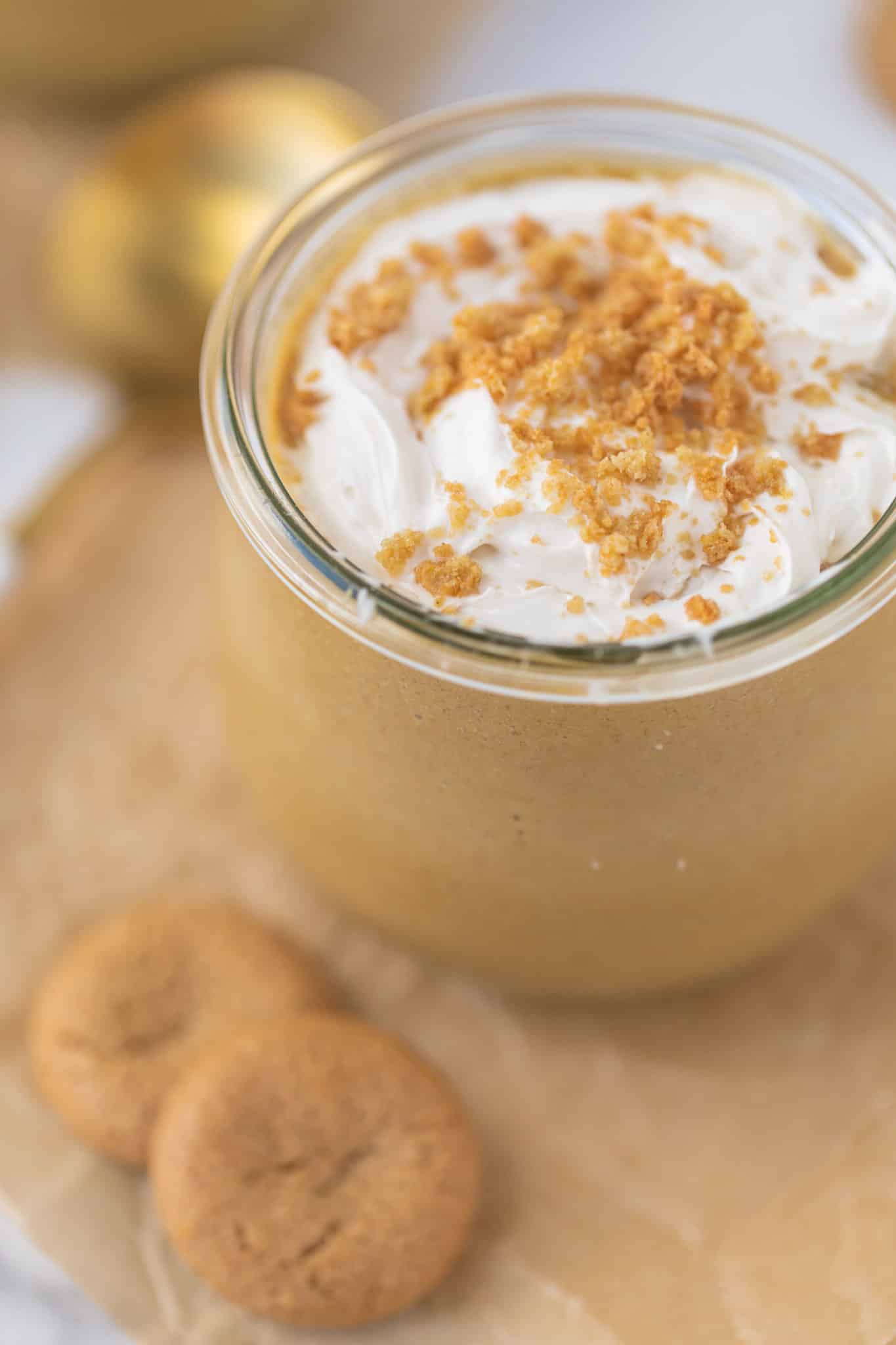 gingerbread smoothie served with whipped cream and cookie crumbles on top