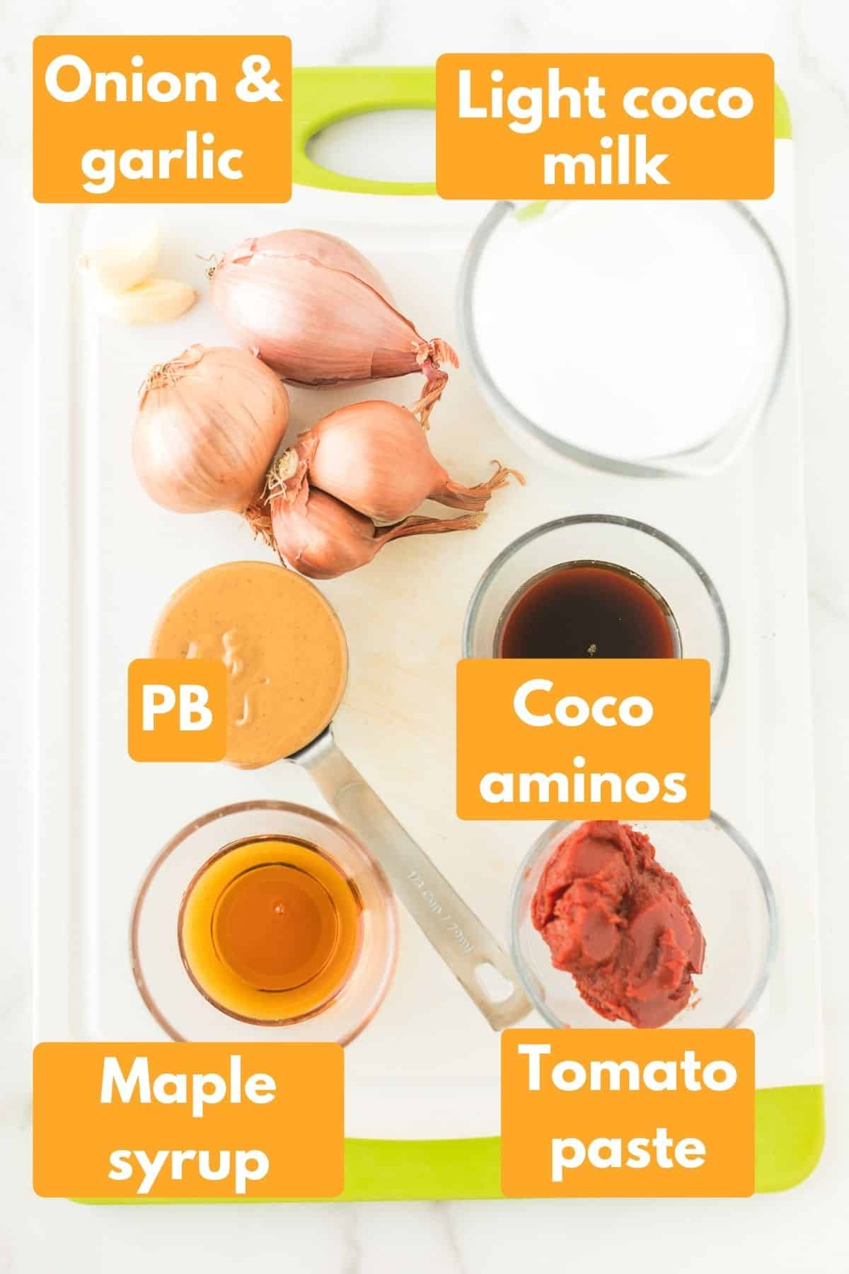 labeled photo with ingredients for instant pot peanut chicken