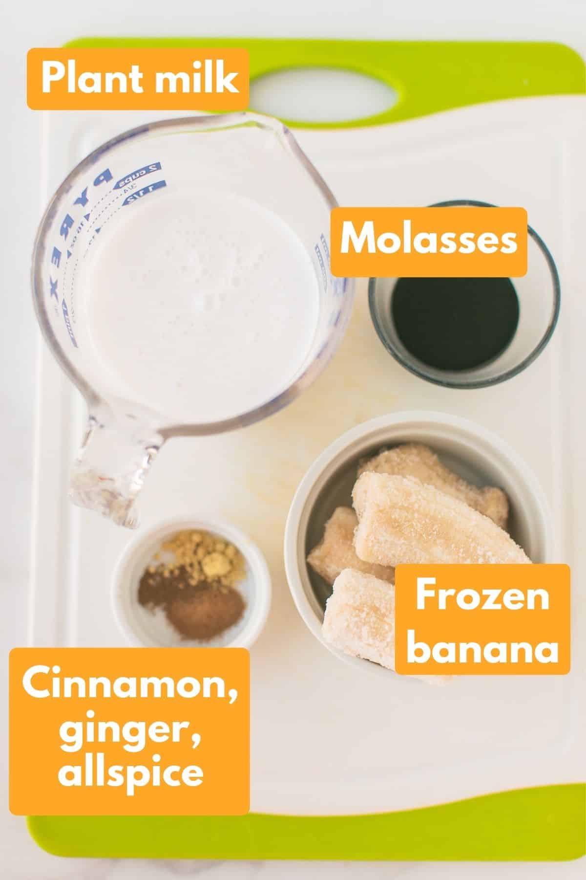 photo with labeled ingredients for vegan gingerbread smoothie recipe