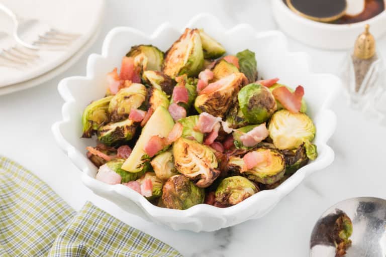 white bowl with cooked brussel sprouts