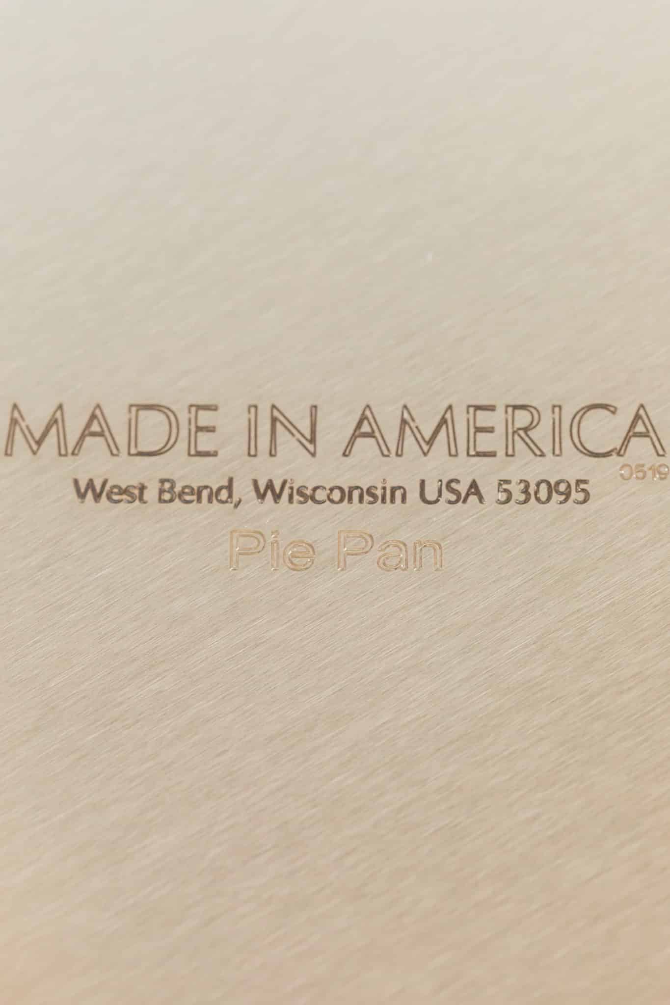 underside of a pan inscribed with the made in america label.