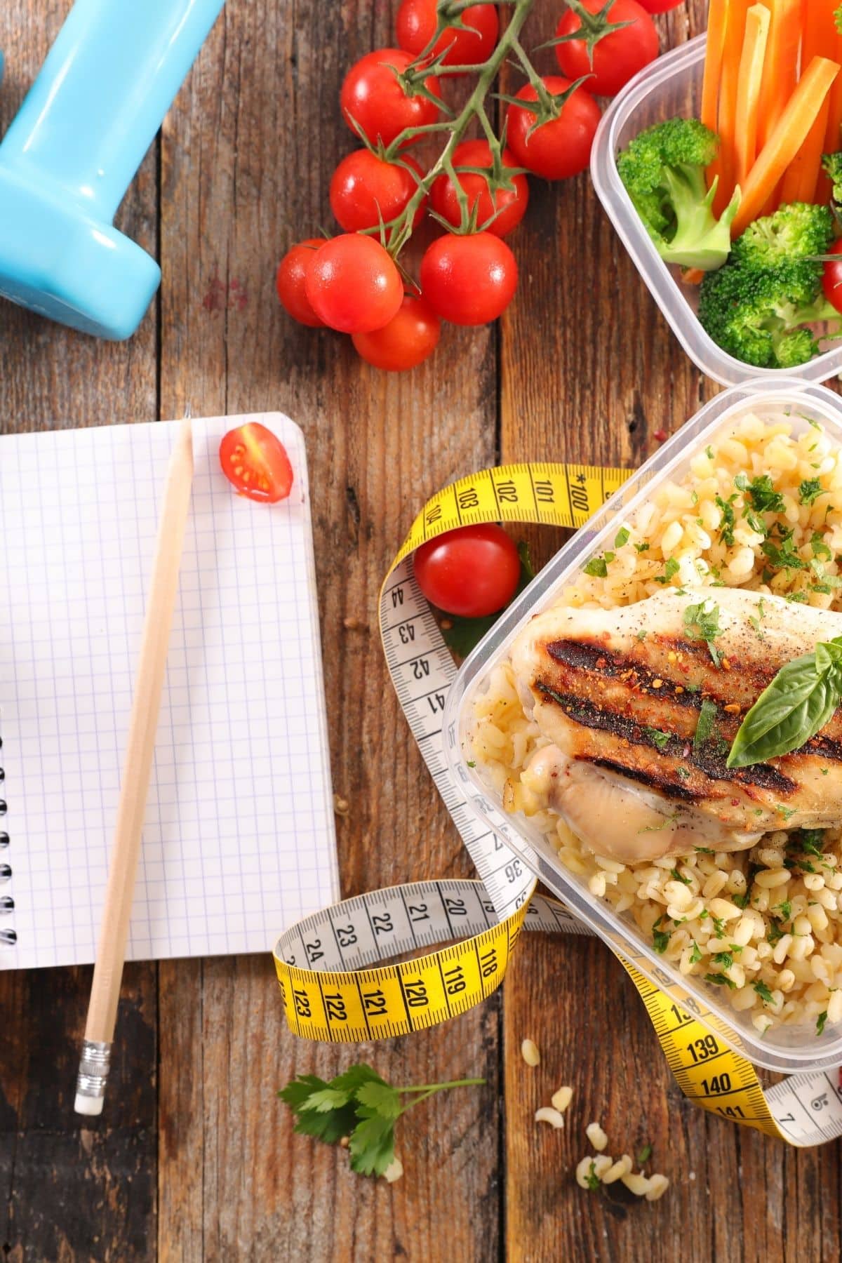 diet journal and healthy food on a table.