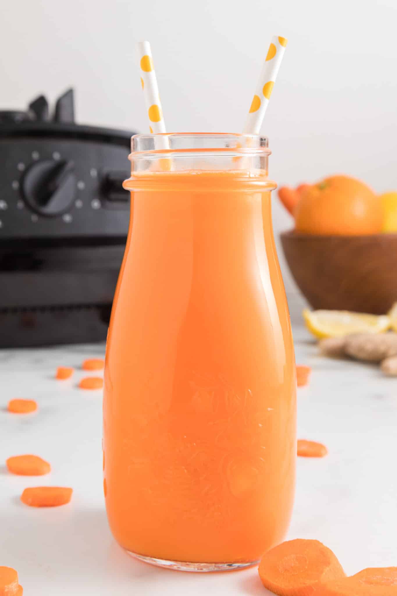 jar of freshly juiced carrot juice.