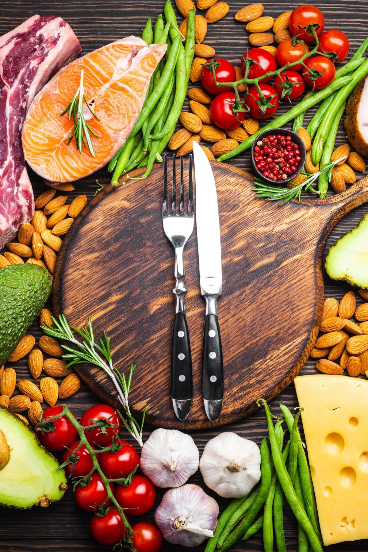 keto diet foods on a table with a fork and knife.