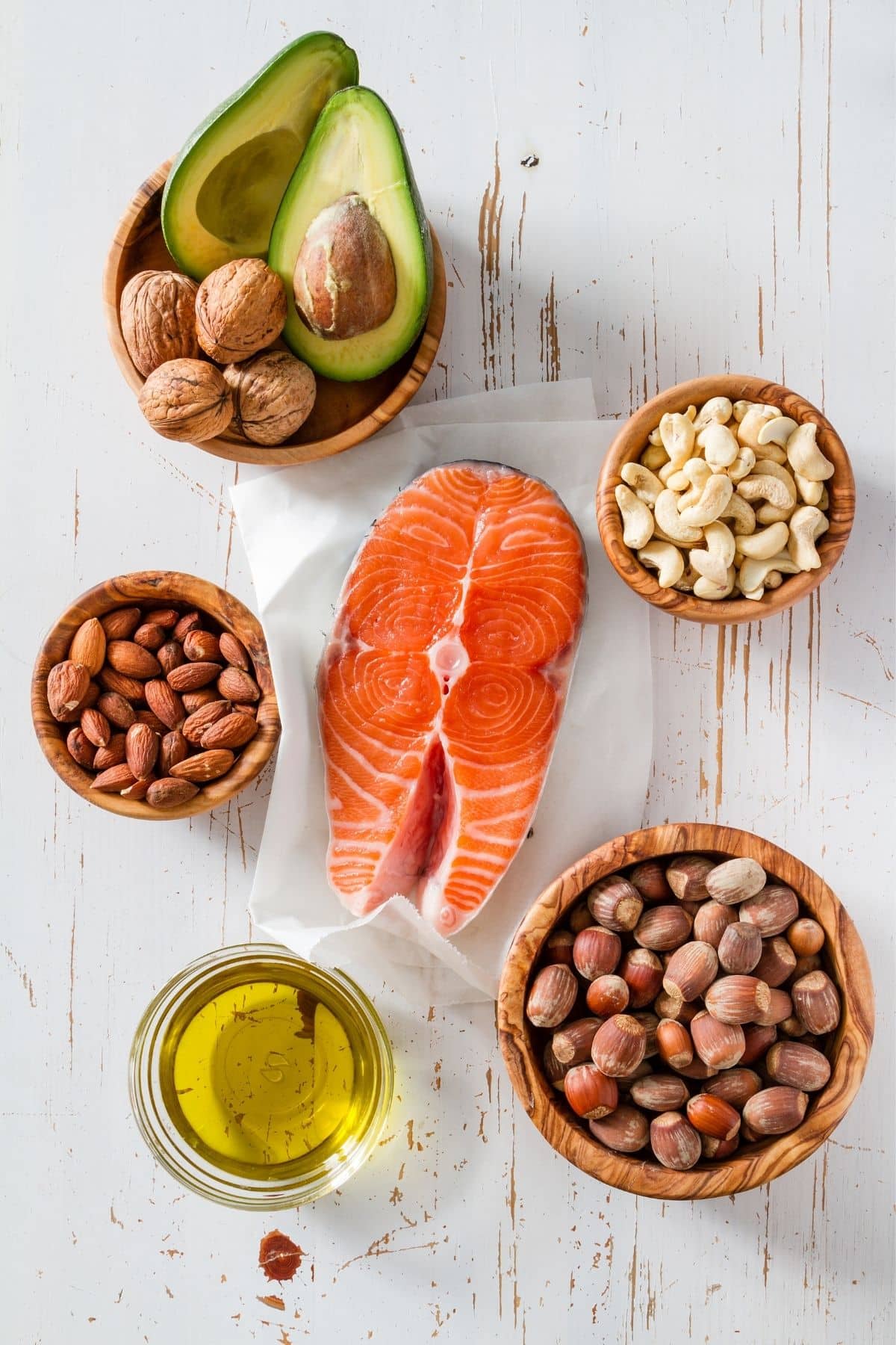 food sources of healthy fats and protein on a table.