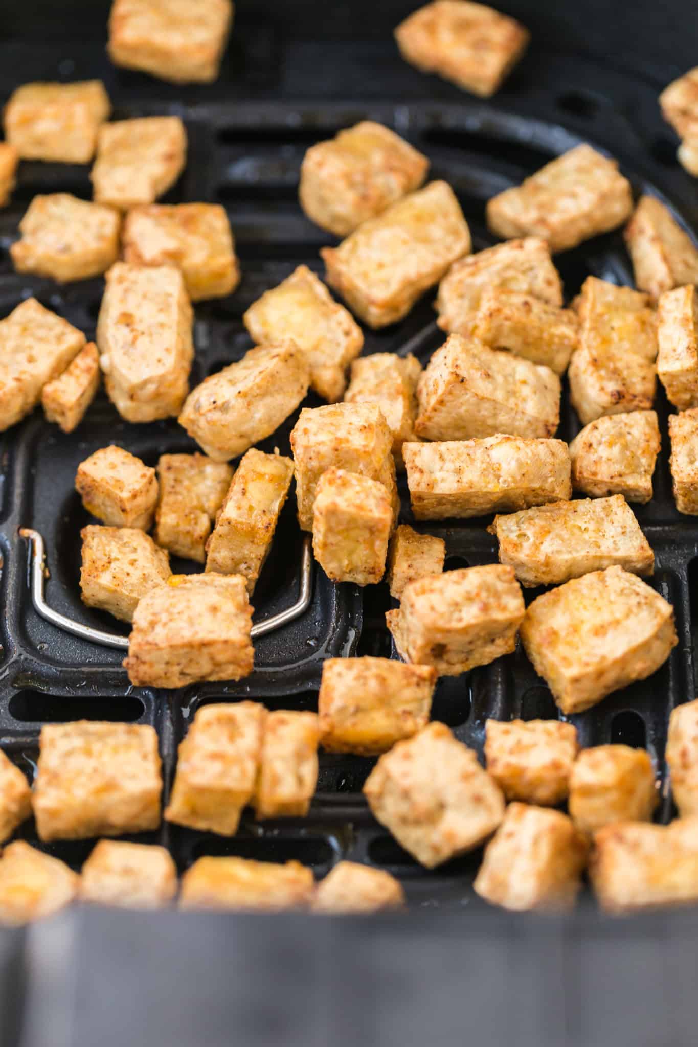 crispy tofu done cooking in an air fryer