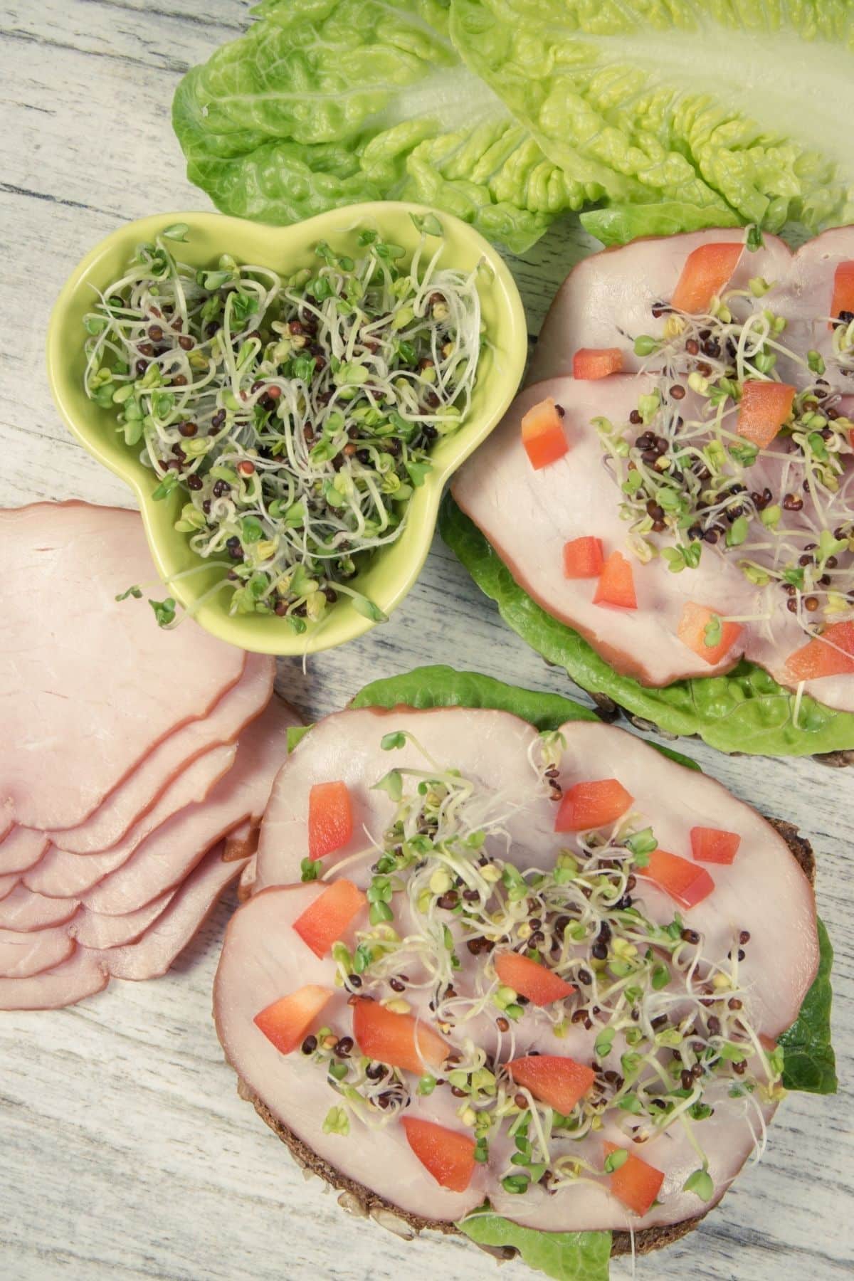 broccoli sprouts served on a turkey sandwich.