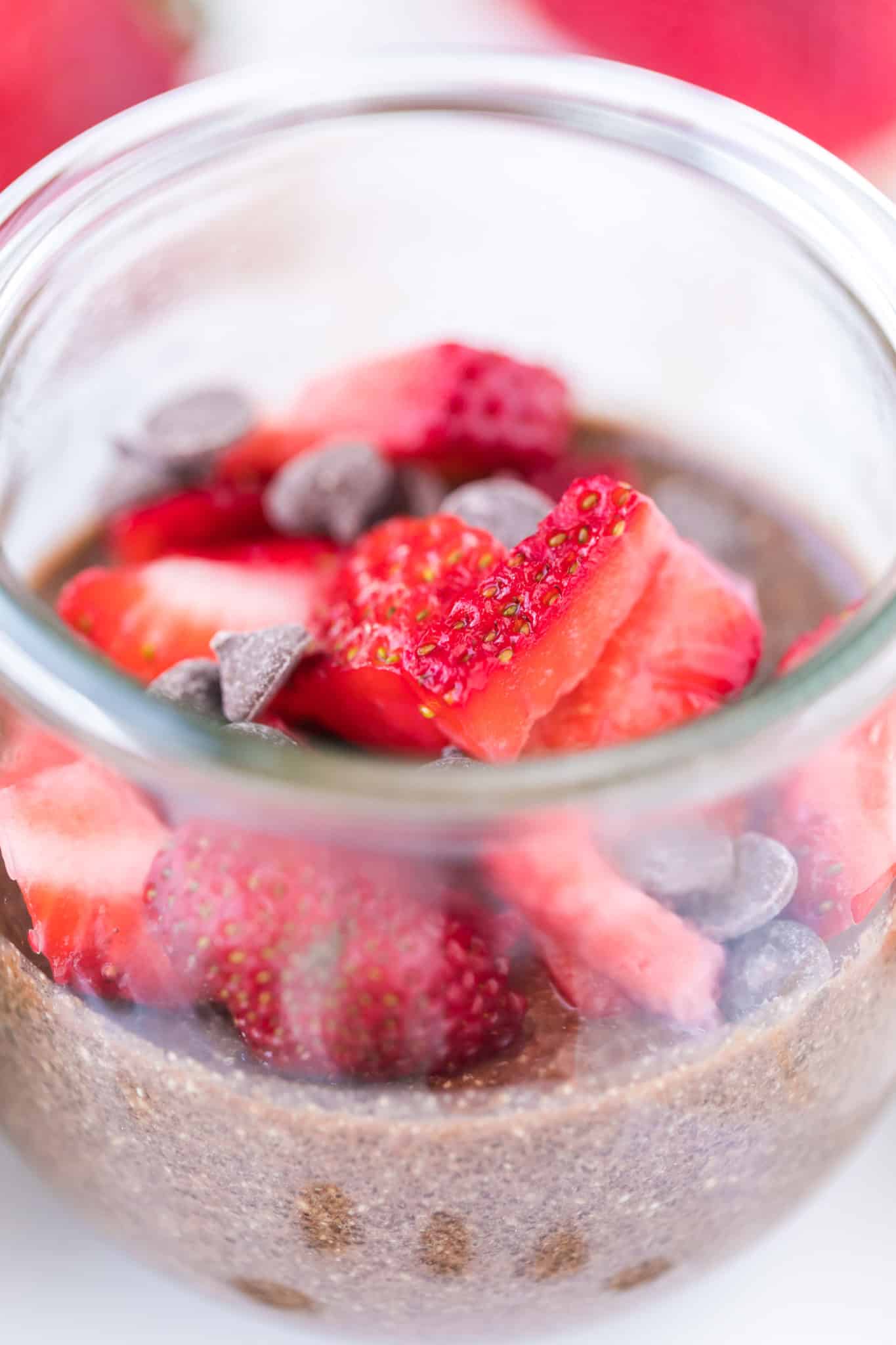 healthy chocolate strawberry chia pudding.