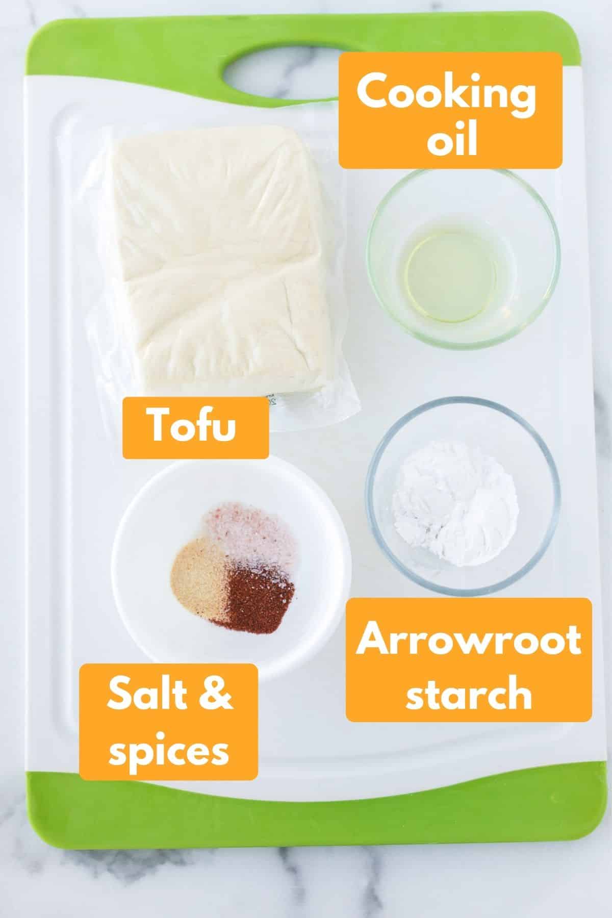 labeled photo with ingredients for air fryer crispy tofu
